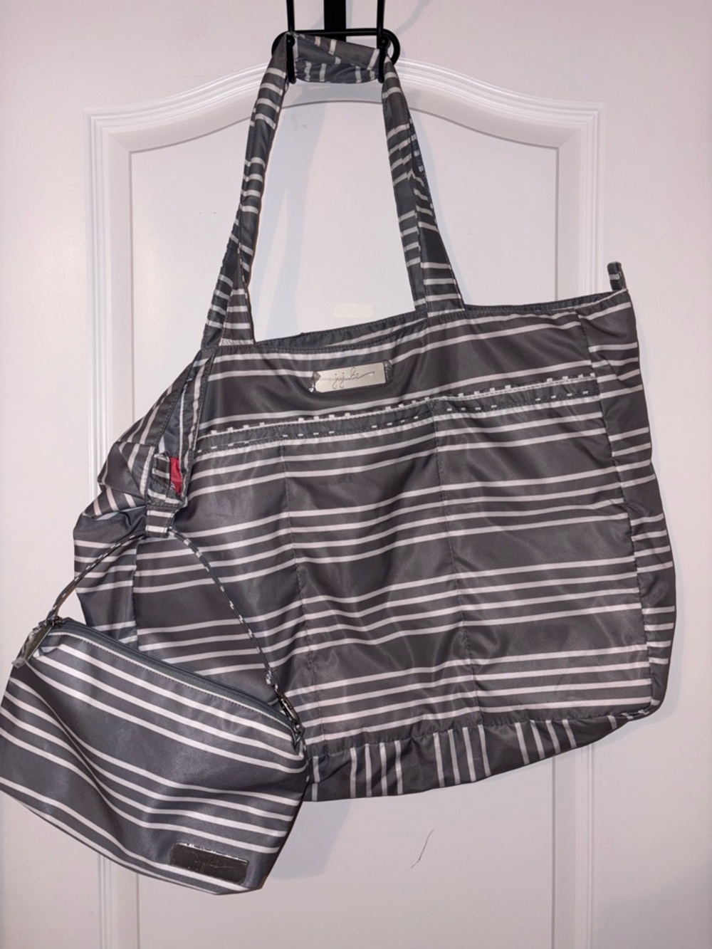 Ju-Ju-Be Grey Stripped Super Be Tote Bag and Mini Bag East Hampton Diaper Bag